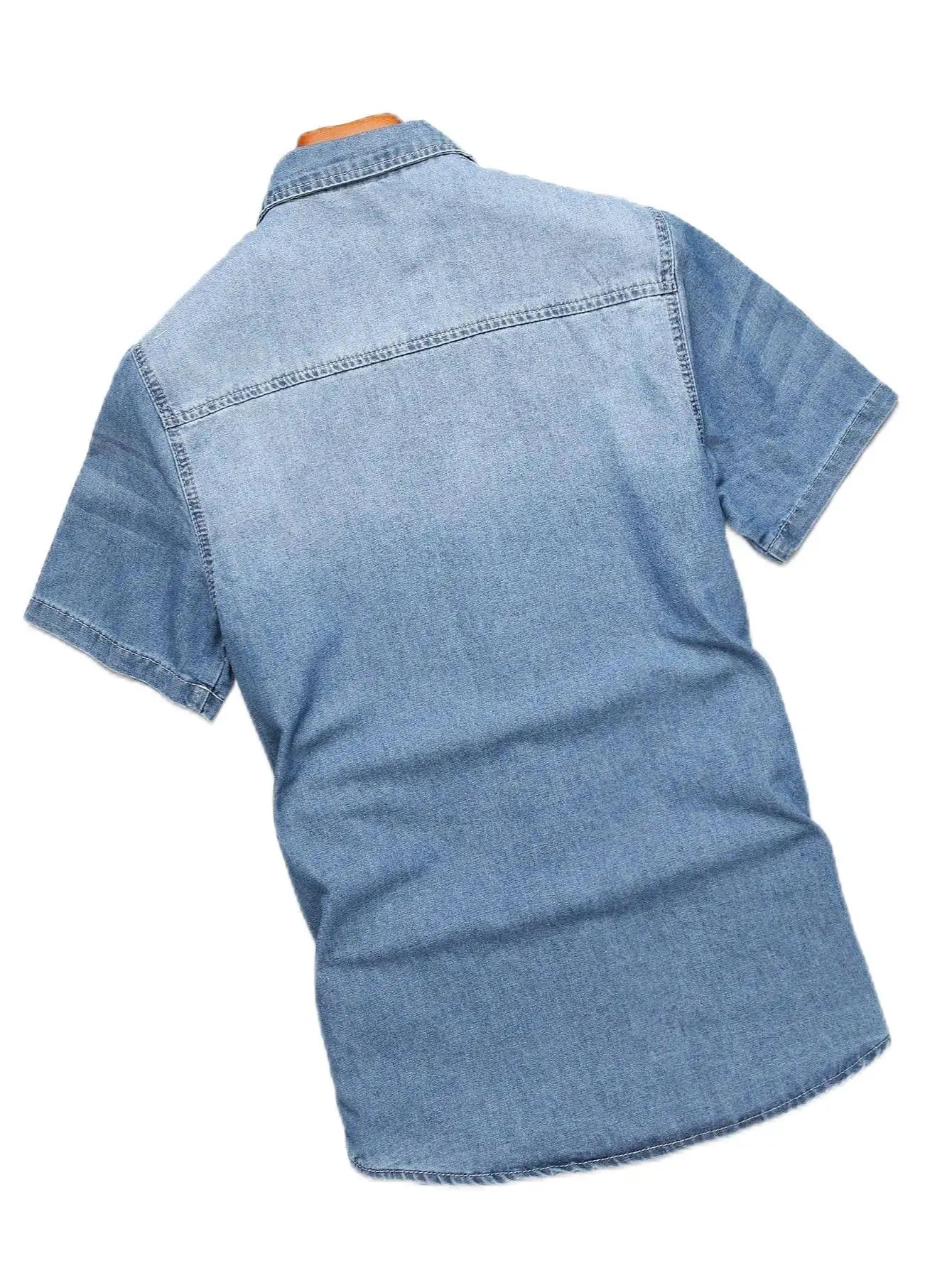 Men's summer blue short - sleeved denim shirt with ripped details. The ripped design elements showcase a trendy and casual style