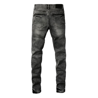 Men's High  men Jeans Streetwear Distressed Gray Stretch Skinny Destroyed Holes Patchwork Ripped Jeans