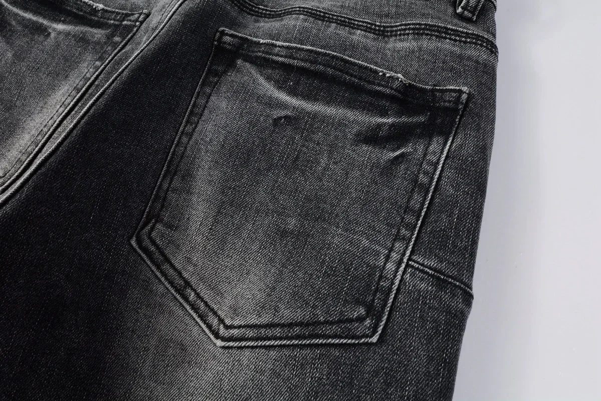 Men's High  men Jeans Streetwear Distressed Gray Stretch Skinny Destroyed Holes Patchwork Ripped Jeans