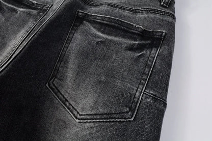 Men's High  men Jeans Streetwear Distressed Gray Stretch Skinny Destroyed Holes Patchwork Ripped Jeans