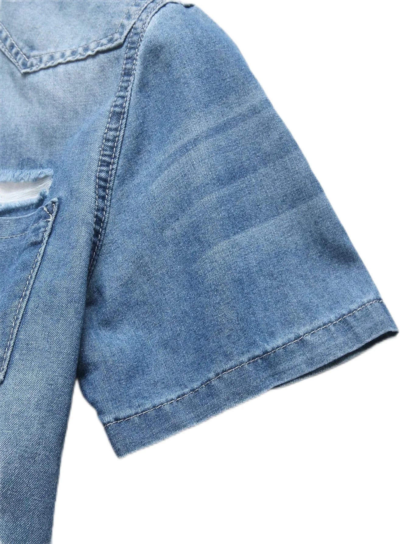 Men's summer blue short - sleeved denim shirt with ripped details. The ripped design elements showcase a trendy and casual style
