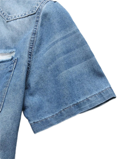 Men's summer blue short - sleeved denim shirt with ripped details. The ripped design elements showcase a trendy and casual style