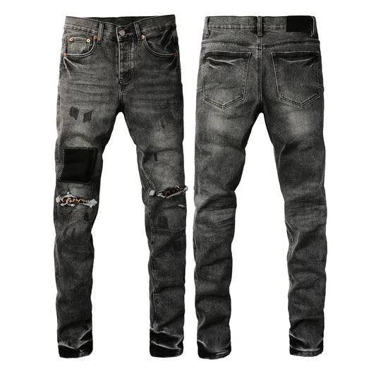 Men's High  men Jeans Streetwear Distressed Gray Stretch Skinny Destroyed Holes Patchwork Ripped Jeans