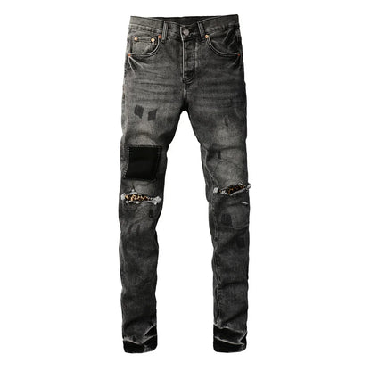 Men's High  men Jeans Streetwear Distressed Gray Stretch Skinny Destroyed Holes Patchwork Ripped Jeans