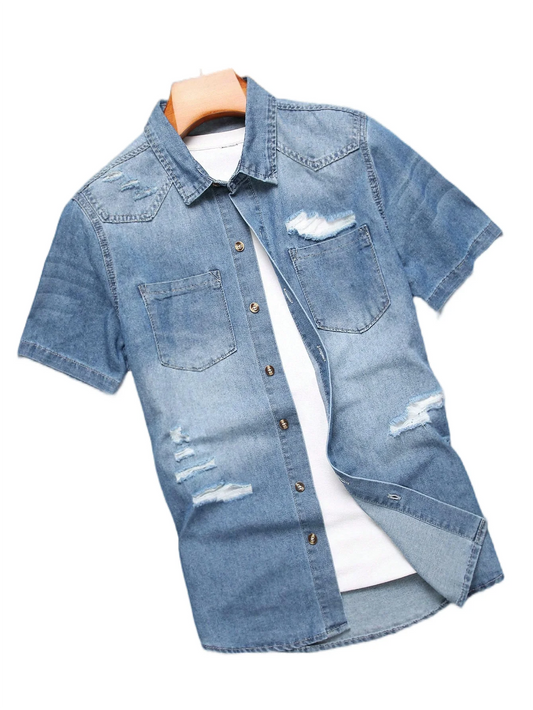 Men's summer blue short - sleeved denim shirt with ripped details. The ripped design elements showcase a trendy and casual style