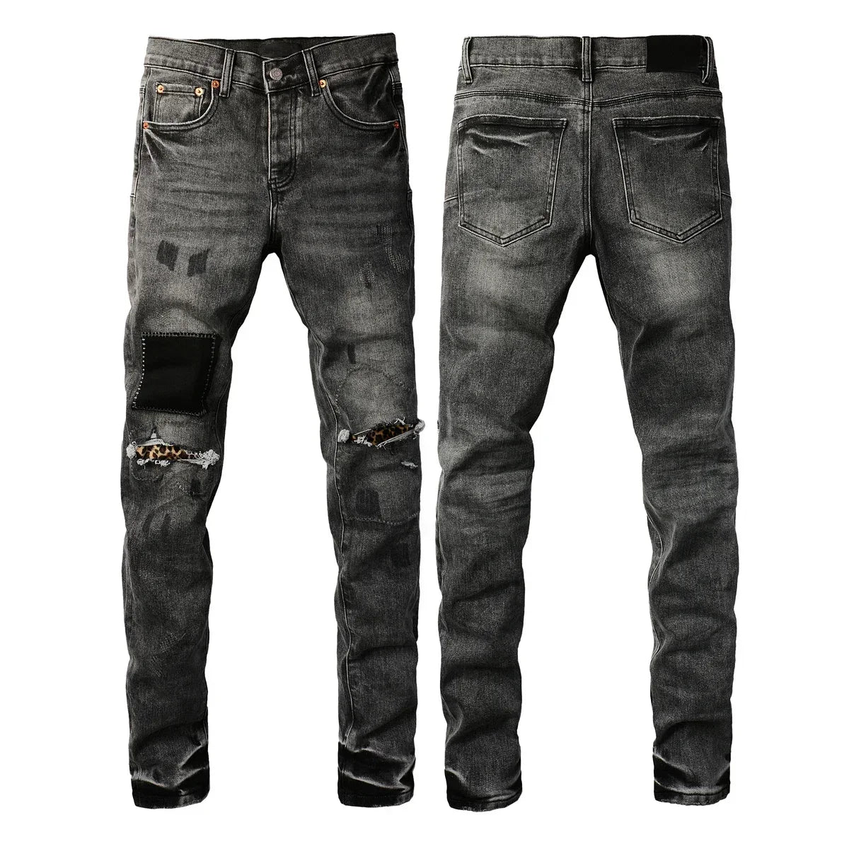 Men's High  men Jeans Streetwear Distressed Gray Stretch Skinny Destroyed Holes Patchwork Ripped Jeans