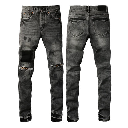 Men's High  men Jeans Streetwear Distressed Gray Stretch Skinny Destroyed Holes Patchwork Ripped Jeans
