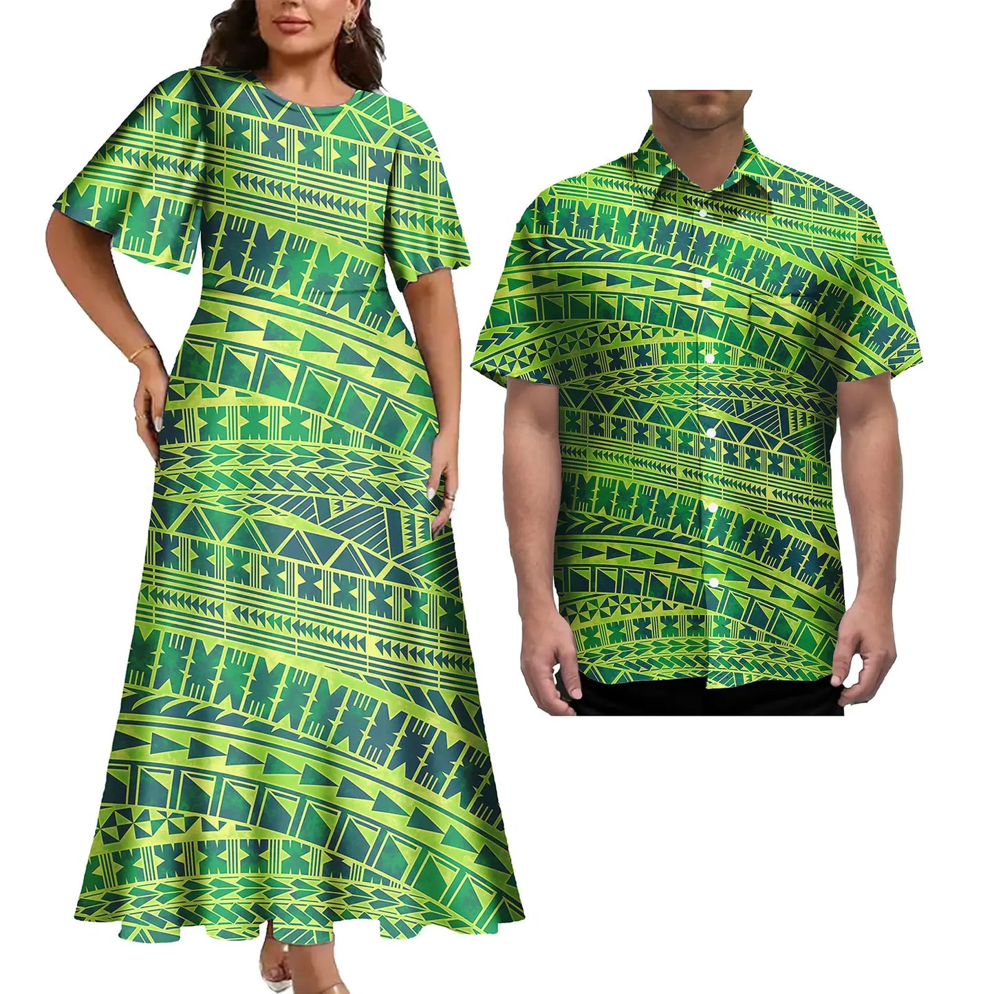 Latest Plus Size Couple Clothing Polynesian Tropical Print Women's Casual Dress Island Style With Matching Men's Hawaiian Shirt