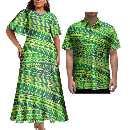 Latest Plus Size Couple Clothing Polynesian Tropical Print Women's Casual Dress Island Style With Matching Men's Hawaiian Shirt