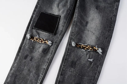 Men's High  men Jeans Streetwear Distressed Gray Stretch Skinny Destroyed Holes Patchwork Ripped Jeans