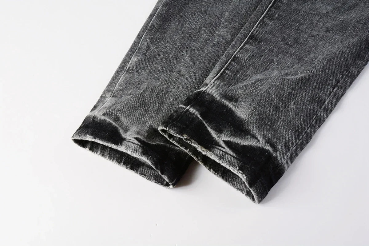 Men's High  men Jeans Streetwear Distressed Gray Stretch Skinny Destroyed Holes Patchwork Ripped Jeans