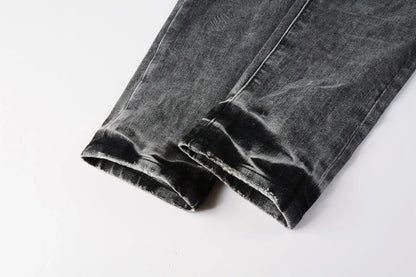 Men's High  men Jeans Streetwear Distressed Gray Stretch Skinny Destroyed Holes Patchwork Ripped Jeans